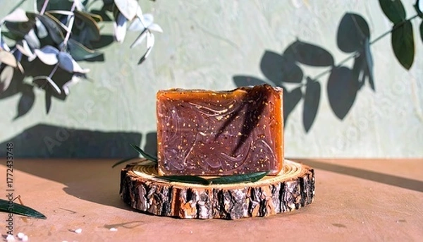 Obraz Brown Solid Shampoo Bar on Wooden Dish with Leaf Shadows