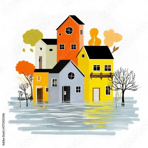 Obraz Colorful houses in flood with trees and foliage in a minimalistic style