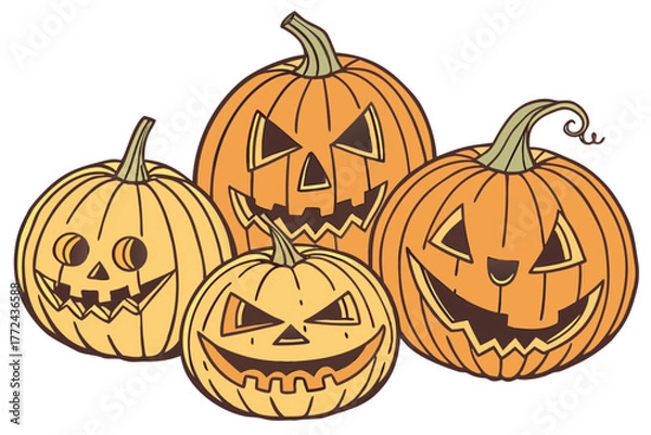 Obraz Realistic Carved Orange Pumpkins with Spooky Jack-o'-Lantern Faces – 3D Halloween Digital Art