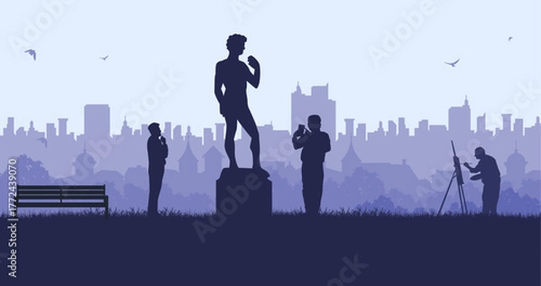 Fototapeta The elderly artist enjoys sculpture with an urban view. Trendy silhouette background design vector.