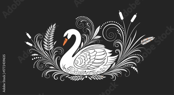 Fototapeta Elegant white swan illustration with floral elements on a dark background, perfect for various design projects and themes.