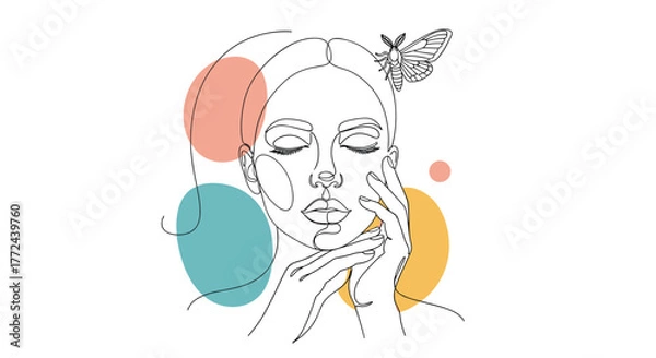 Fototapeta Elegant Line Art Portrait of a Woman with Butterfly and Colorful Geometric Shapes.