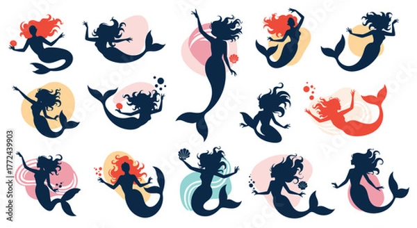 Obraz A collection of graceful mermaid silhouettes in various poses, adorned with vibrant hair and mystical underwater elements, perfect for fantasy themes.