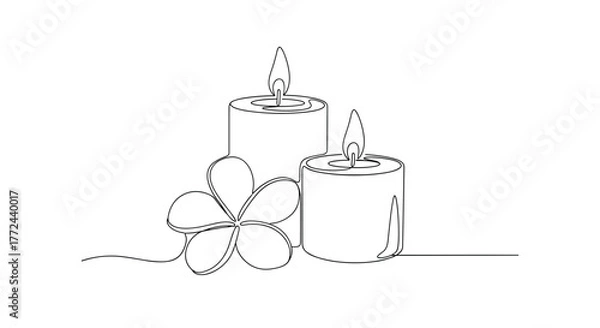 Fototapeta Minimalist continuous line drawing of two lit candles and a flower.