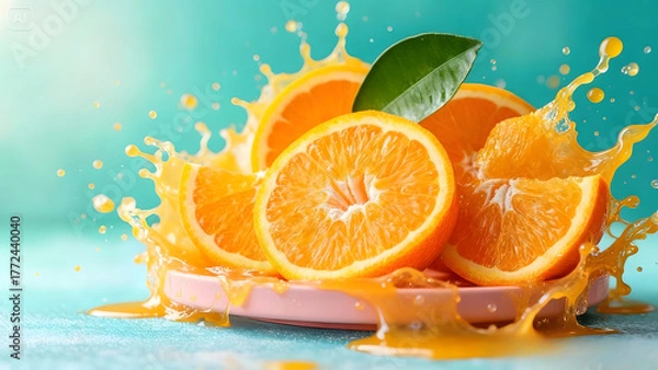 Fototapeta A splash of fresh glass orange juice swirling around perfectly sliced oranges on a pink plate. 