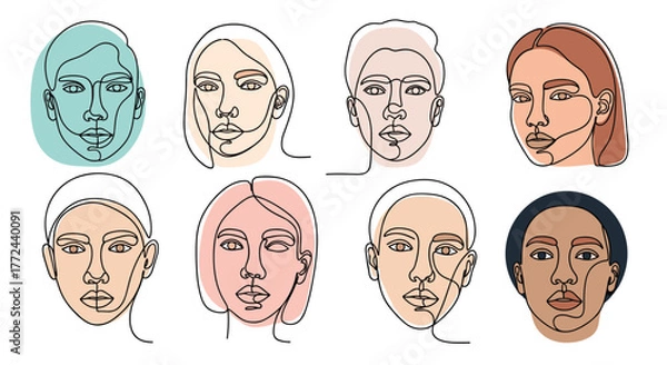 Fototapeta Minimalist line art portraits of diverse faces with colorful backgrounds and outlines.