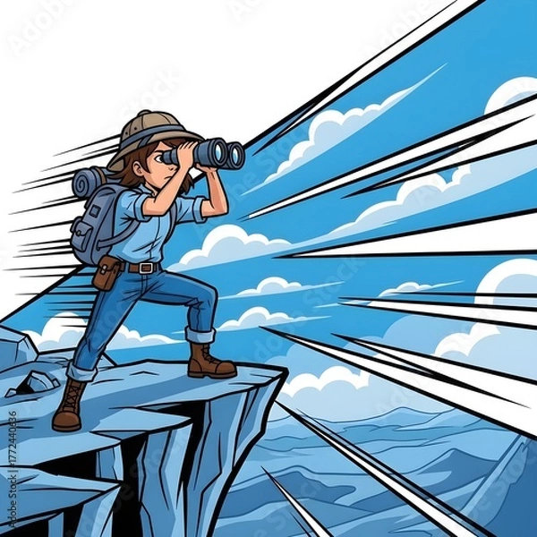 Obraz Young explorer searches the horizon using her binoculars