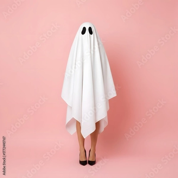 Fototapeta Funny Ghost Costume on Pink Background – Minimal Halloween Concept with Woman Legs