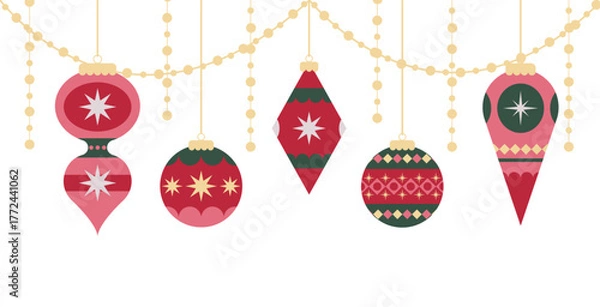 Obraz Hanging decorations isolated on white. Christmas template. New year banner, card. Vector holiday season illustration in flat style.