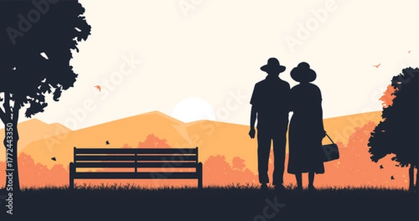 Obraz Elderly couple silhouette standing and gazing at the mountains in autumn beside a park bench.