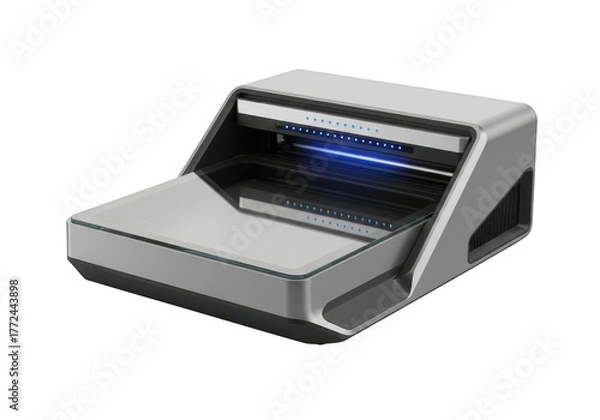 Fototapeta Modern gray high-tech device with glowing blue light stream isolated on transparent background