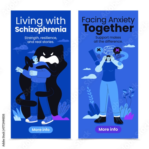 Fototapeta Vertical banners about schizophrenia and anxiety with support messages in hand-drawn flat style