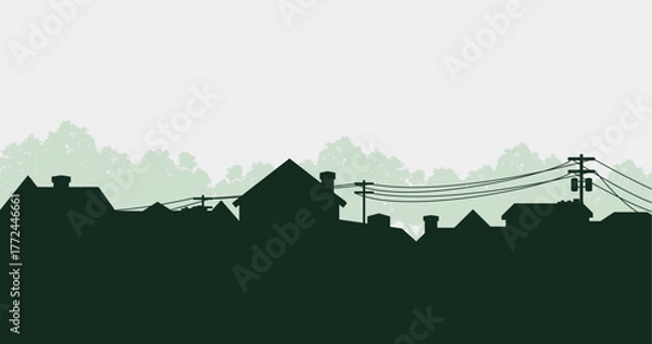 Obraz Suburban street silhouette in a small town. Roofs of houses. Country landscape. Housing vector. Seamless composition isolated on white background