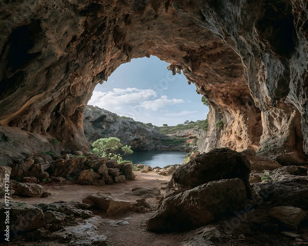 Fototapeta Wide view from inside a large natural cave opening to a blue lake and sky cavern rock formation