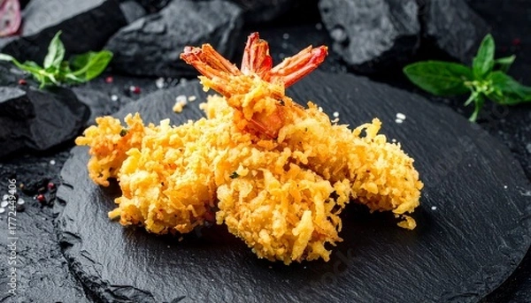 Fototapeta closeup of shrimp in tempura on black rock 