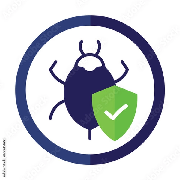 Fototapeta Antivirus protection shield with a bug inside circle representing cybersecurity and protection from viruses and malware concept