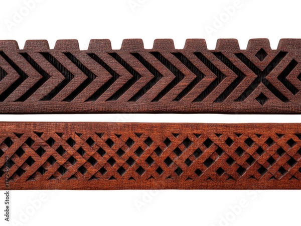 Fototapeta Dark brown and reddish brown wooden borders with geometric carved patterns, featuring chevron and lattice designs, isolated on transparency background, suitable for decoration or craft projects