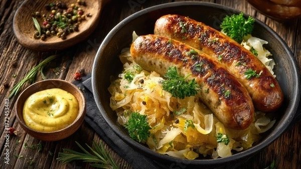 Fototapeta Germany dish Bratwurst mit Sauerkraut Grilled sausage with fermented cabbage served with mustard