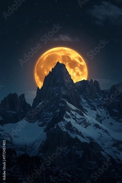 Fototapeta Dramatic full moon rising behind snow capped mountain peak at night