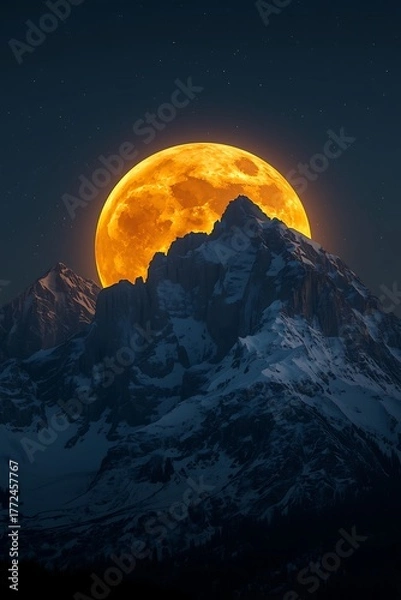 Obraz Dramatic orange moon rising behind dark clouds over mountains