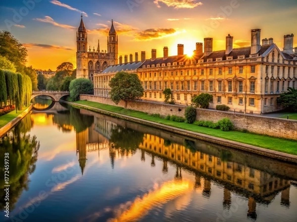 Obraz Cambridge University Evening Skyline: Iconic River Cam & College Buildings at Sunset