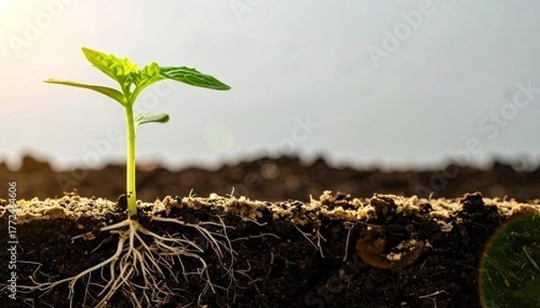 Obraz Seedling Sprout with Exposed Roots on Beige Background