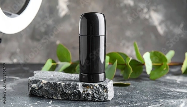 Obraz Black Deodorant Stick Mockup on Stone Plinth with Eucalyptus