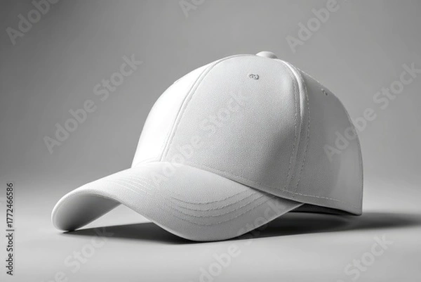Fototapeta Blank white baseball cap angled on a light gray surface