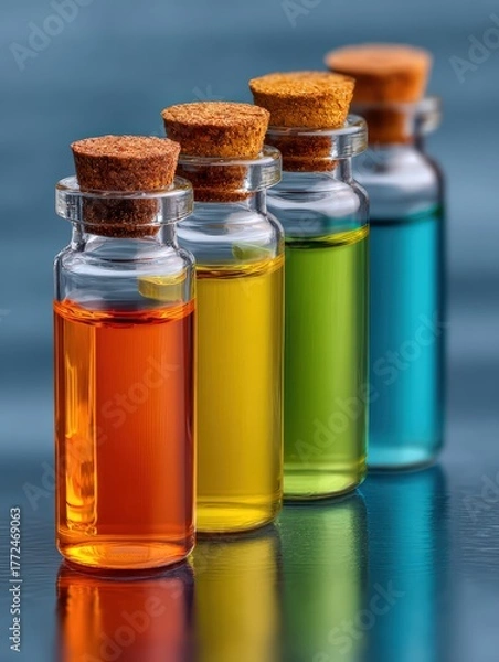 Fototapeta Glass Bottles of Various Cooking Oils and Chemical Solutions