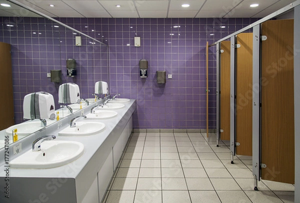 Obraz Public Bathroom with sinks, mirrors and cubicles