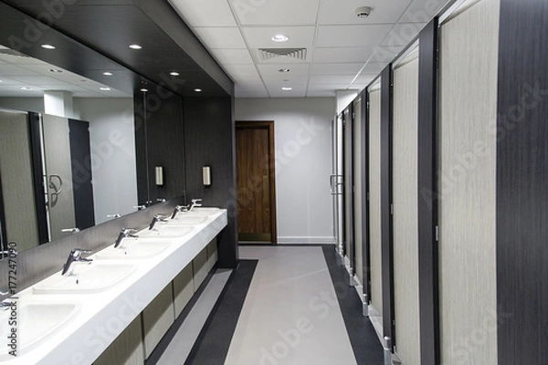 Obraz Public bathroom with sinks, mirrors and cubicles