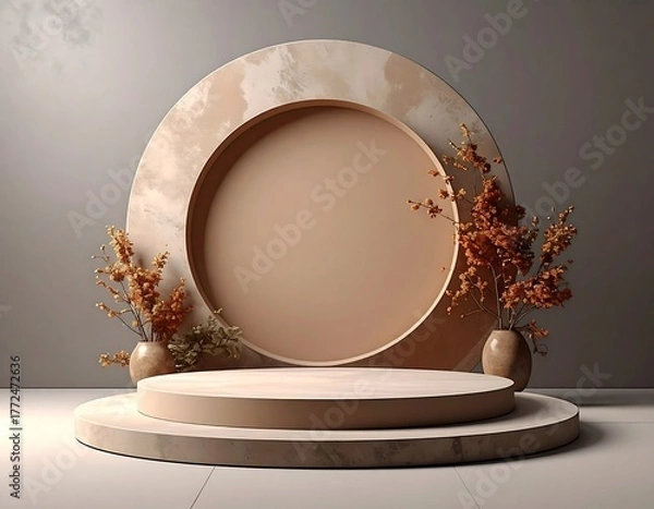 Fototapeta Modern presentation stage with circular backdrop and dried floral elements