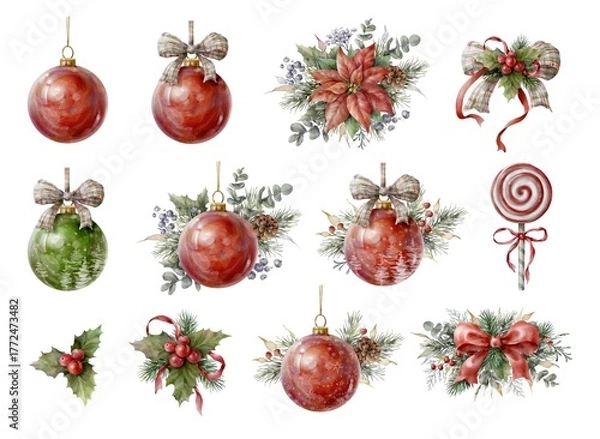 Fototapeta Watercolor Christmas set with red balls, garlands, berries and festive elements. Christmas decor clipart.	