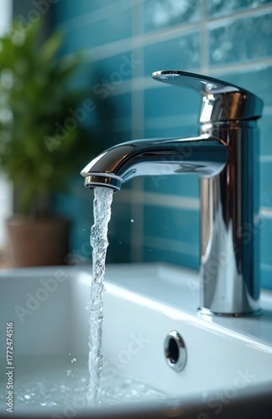 Fototapeta Chrome faucet with flowing water. Bathroom interior features white sink and blue tiles. Clear water stream against the backdrop. Modern plumbing.