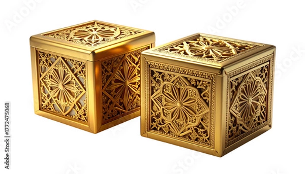 Fototapeta Two variations of ornate golden cube boxes with intricate carvings isolated on transparent background.