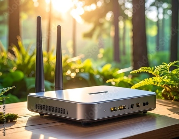 Fototapeta Modern router on a wooden table with nature backdrop