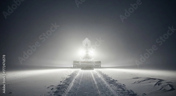 Obraz A snowplow with bright headlights clears a path through a desolate, snowy landscape during a blizzard.