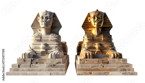 Fototapeta Two variations of Egyptian Sphinx temple 3D front-view isolated on transparent background.