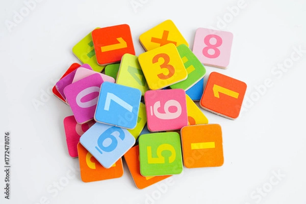 Fototapeta Number wood block cubes for learning Mathematic, education math.