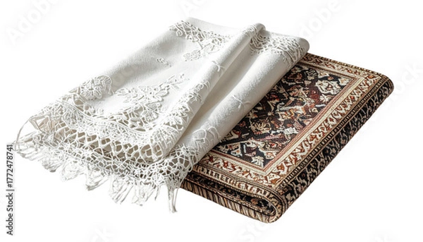 Fototapeta Two variations of Islamic taqiyah cap stacks highlighting texture and craftsmanship isolated on transparent background.