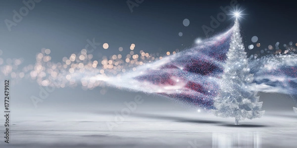 Fototapeta Luminous abstract Christmas tree made of pink and violet lights stands on snowy landscape, creating magical and festive atmosphere. background is filled with bokeh lights