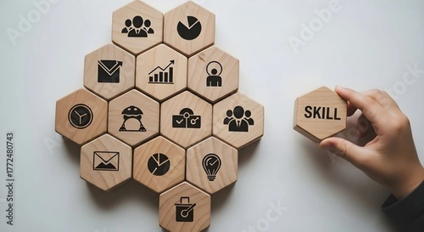 Fototapeta Hand adding a skill tile to a honeycomb of business icons