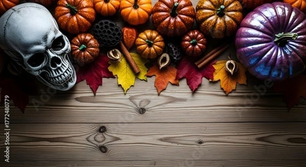 Fototapeta Spooky halloween scene with pumpkins skull and autumn leaves