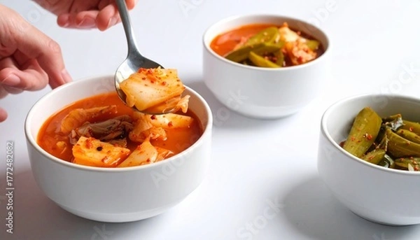 Fototapeta Hand using spoon scooping spicy kimchi soup and vegetable pickle on cup 