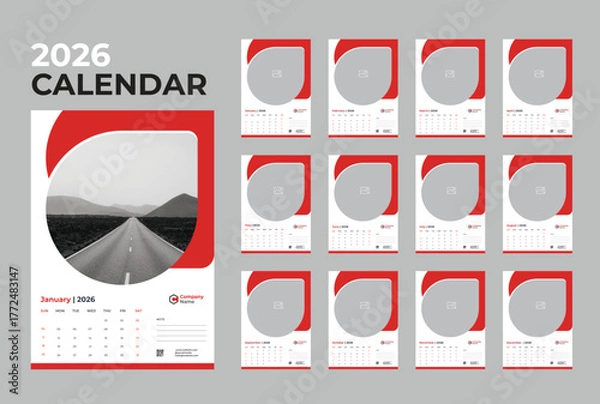 Fototapeta 2026 wall calendar. Editable 12-month planner template. Week starts on Monday. Minimal layout for studio, office, or home 