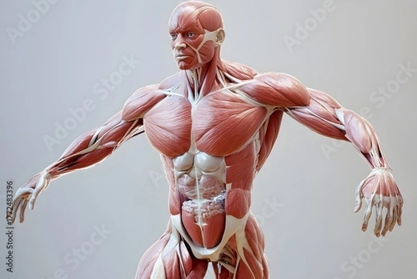 Fototapeta stylized 3D human anatomy diagram, muscles semi-transparent to reveal internal organ systems
