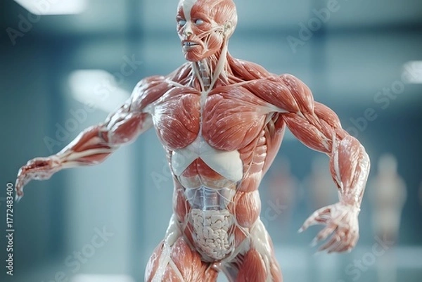 Obraz stylized 3D human anatomy diagram, muscles semi-transparent to reveal internal organ systems
