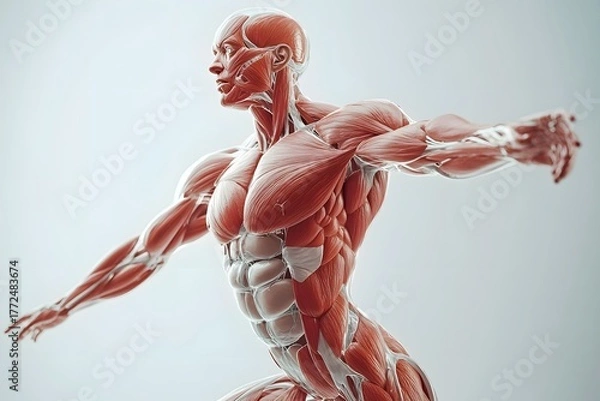 Fototapeta stylized 3D human anatomy diagram, muscles semi-transparent to reveal internal organ systems

