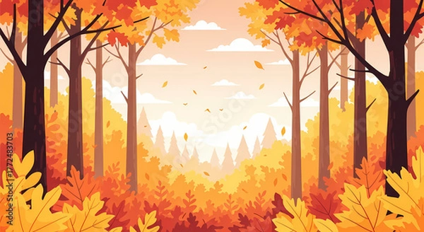 Obraz Autumn forest with orange leaves and sunlight filtering through trees. Perfect for seasonal or nature illustrations.