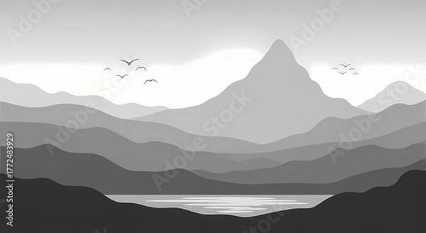 Obraz Minimalist grayscale mountain illustration showing depth and misty atmosphere. Suitable for adventure and nature designs.
